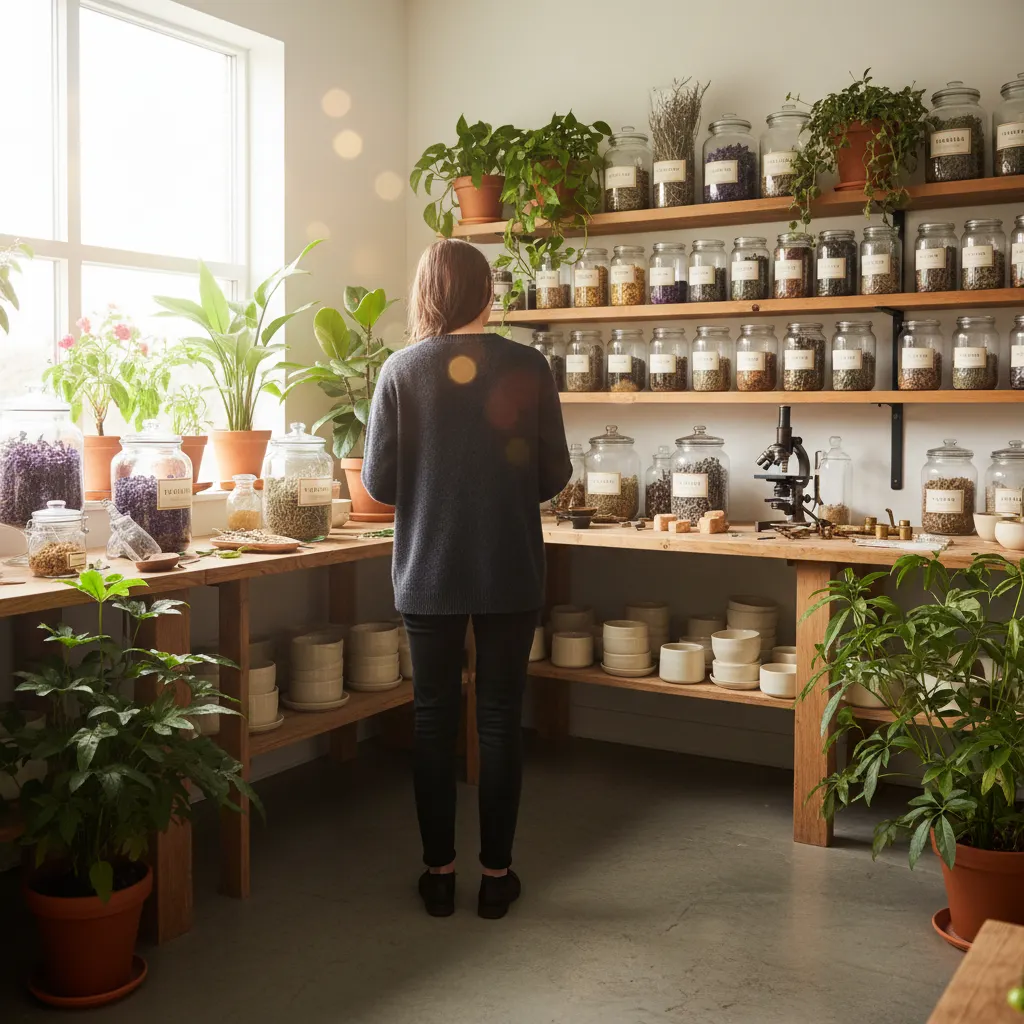 Anonymous researcher examining botanical plant samples in a wellness workspace, plant-based food supplement for active lifestyle